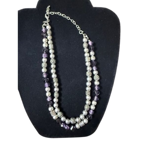 Premier Designs Silver Tone Purple Glass Beaded Double Strand Layered Necklace - Picture 1 of 3